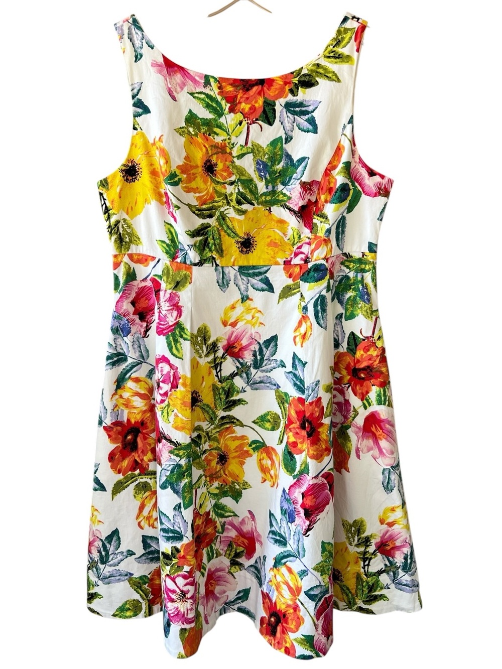 Eliza J Sz 8 White Floral Fit-and-Flare Dress with Yellow, Pink & Green Blooms